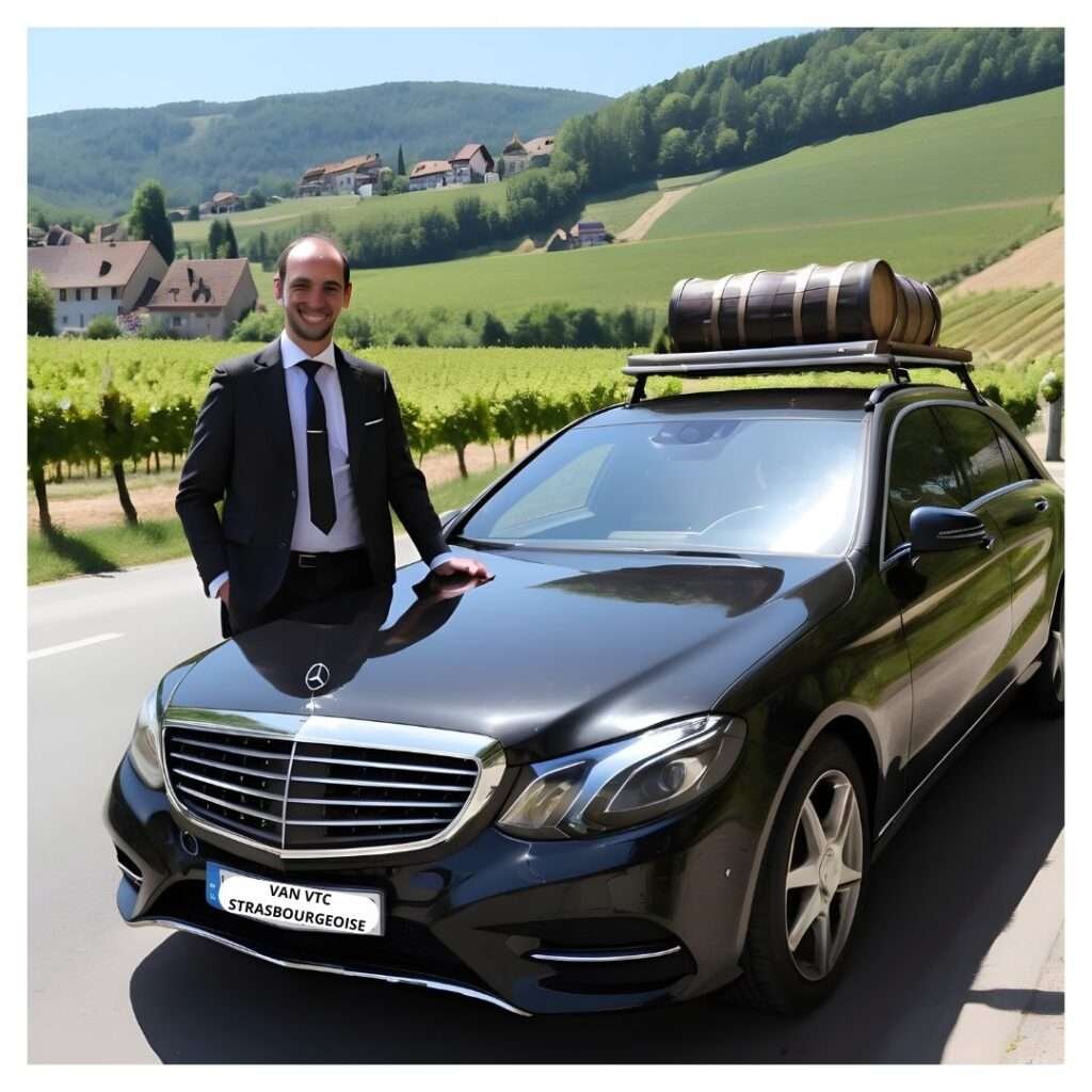 Un chauffeur privé en costume cravate souriant et tenant une pancarte "Route des Vins d'Alsace", van de luxe en arrière-plan.