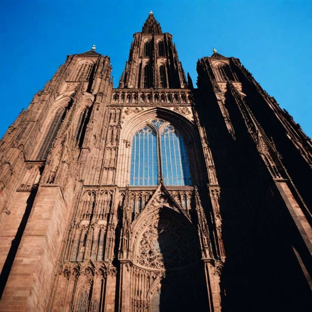 Une vue majestueuse de la cathédrale de Strasbourg, avec ses flèches élancées s'élevant vers le ciel bleu, capturant l'essence de l'architecture gothique de la région.